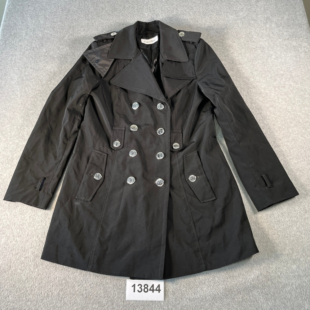 Calvin Klein Trench Coat Womens Large Black Lined Double Breasted Notch Lapel